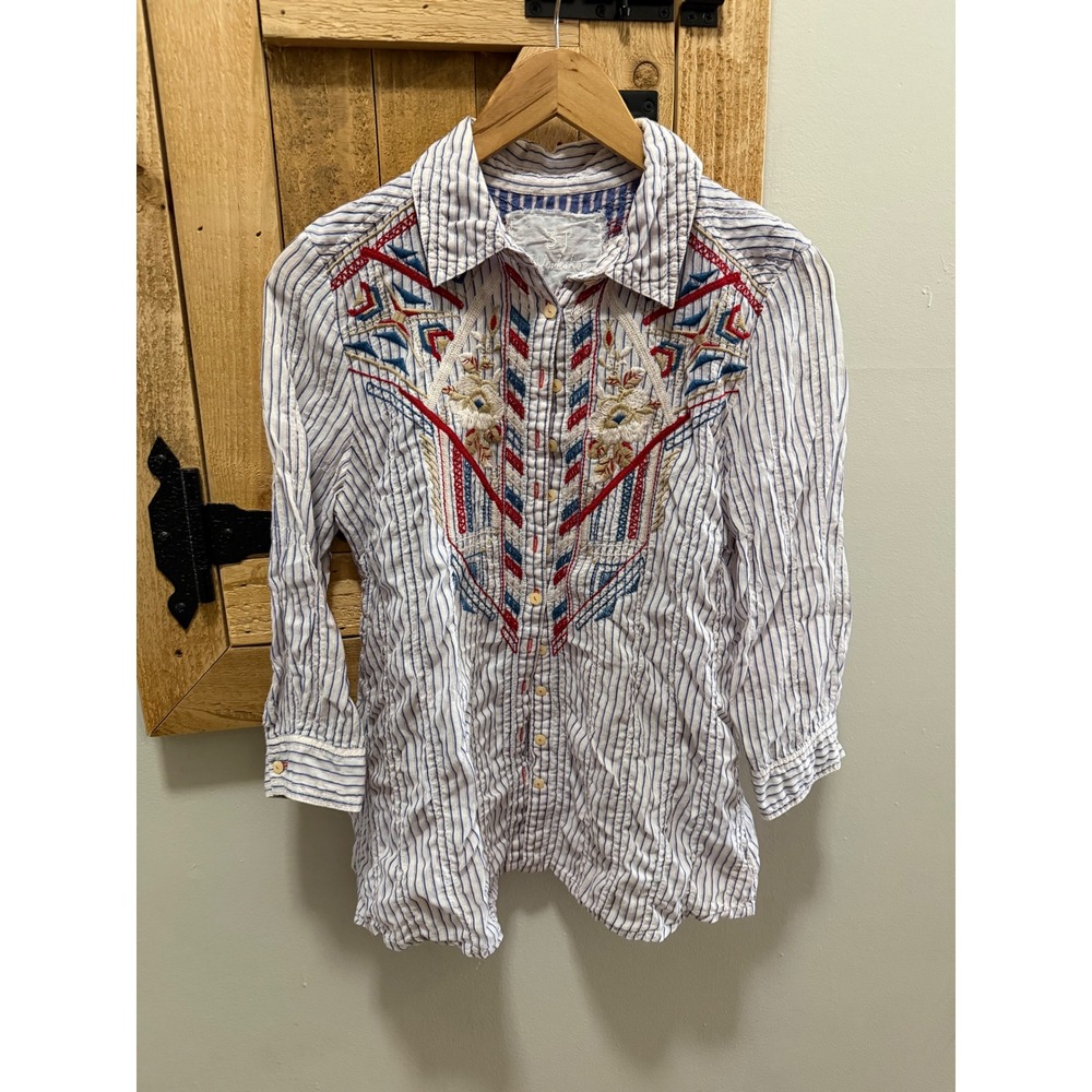 3J Workshop Johnny Was Embroidered Striped Button Down Shirt Blue White Small